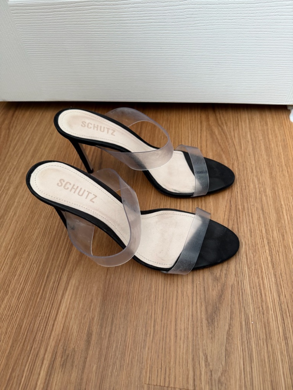 SCHUTZ Ariella Black and Clear PVC Stiletto Sandals